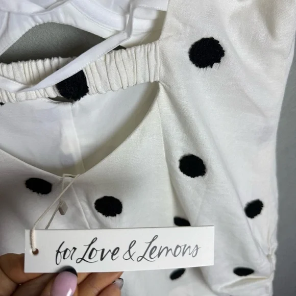 Brand New For Love & Lemons Abigail Polka Dot Mini Dress in Ivory White Black XL - Picture 7 of 13